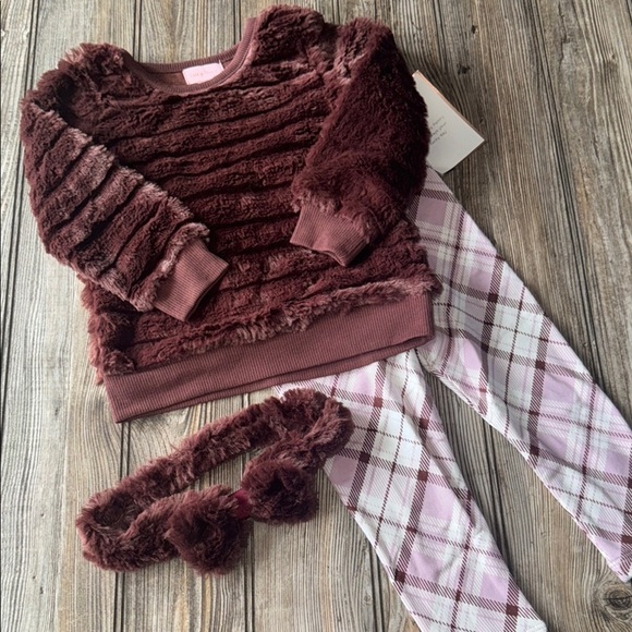 Lucky penny set Plush Burgundy brown Sweater Plaid Leggings headband NEW 2t - Picture 1 of 6